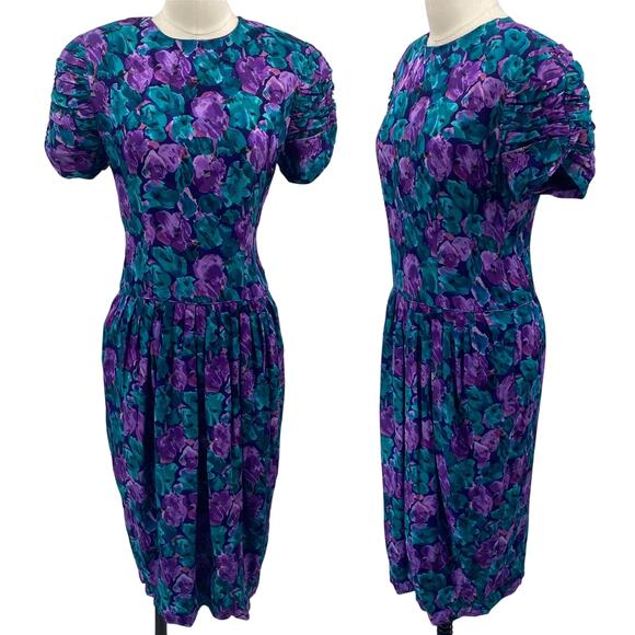 Vintage 80s Maggy London Silk Dress Ruched Sleeves Floral Printed Blue Womens 6 - Picture 1 of 10
